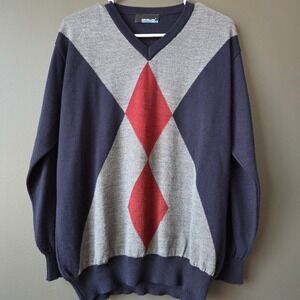 Cavellini Italy Mens V Neck Argyle Sweater Navy Red Merino Wool Blend Size M